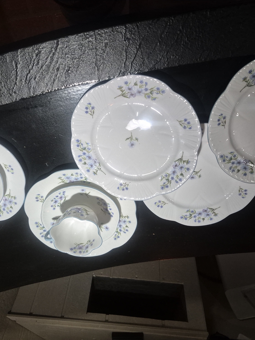 Vintage Shelley/ ENGLAND-White Floral Porcelain Dinnerware Set W/ Blue Blossom